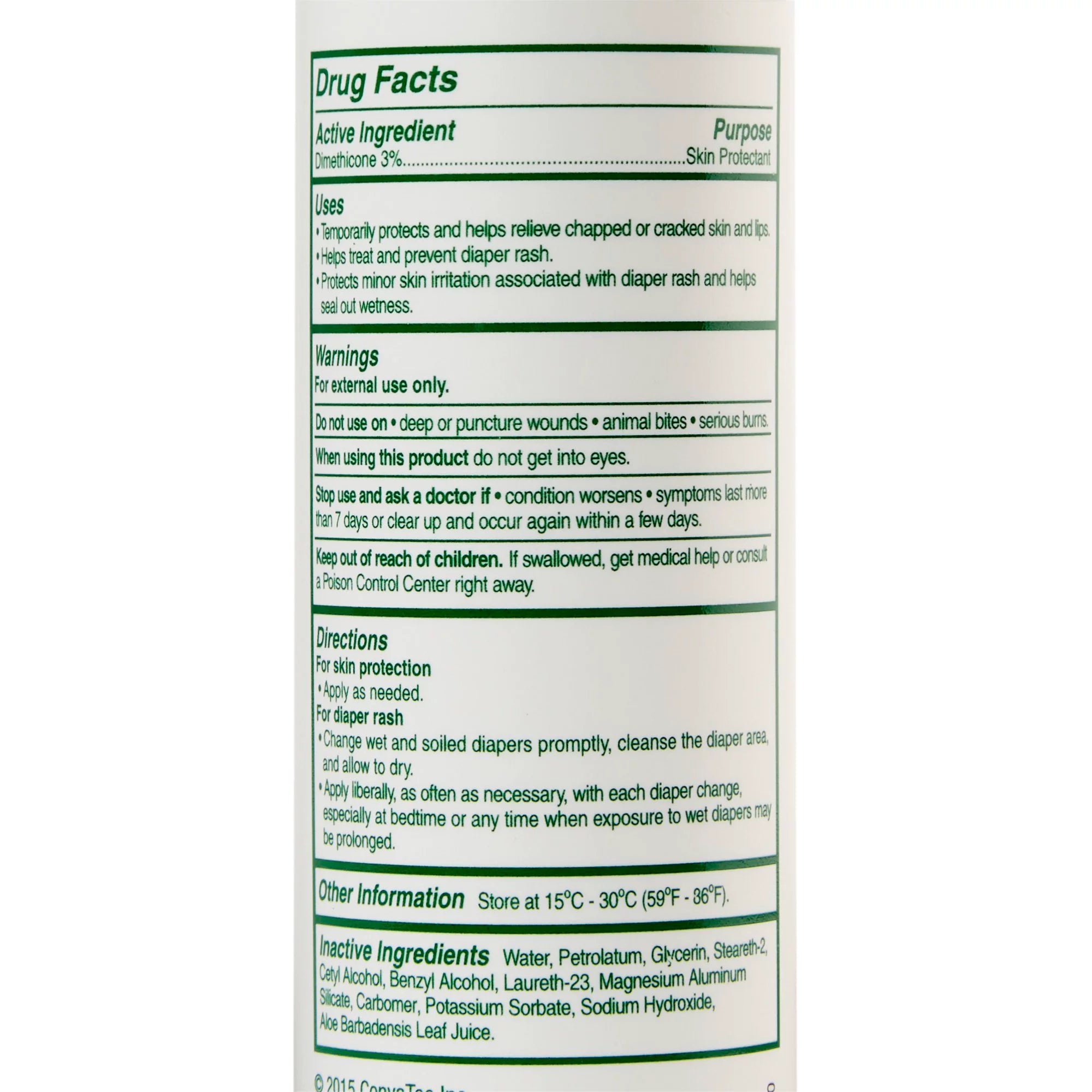 Aloe Vesta back of bottle containing drug facts, active ingredients, uses, warnings and directions for use