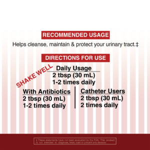 Cran-B-Pac directions for use. Shake well. Daily usage 2 tbsp (30mL) 1-2 times daily. With antibiotics 2 tbsp (30mL) 1-2 times daily. Catheter users 2 tbsp (30mL) 2 times daily