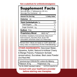 Cran-B-Pac Supplement Facts - Serving size 2 tbsp (30mL). Servings per container: 30