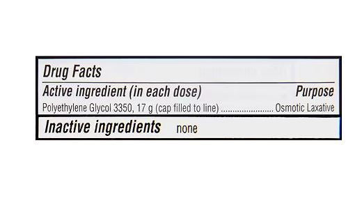 MiraLAX Laxative Powder 8.3oz drug facts active ingredient polyethylene glycol 3350, 17 g (cap filled to line) Purpose - osmotic laxative
