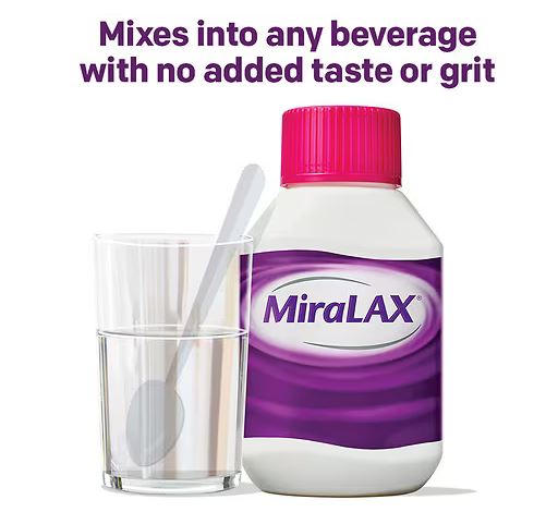 MiraLAX Laxative Powder mixes into any beverage with no added taste or grit