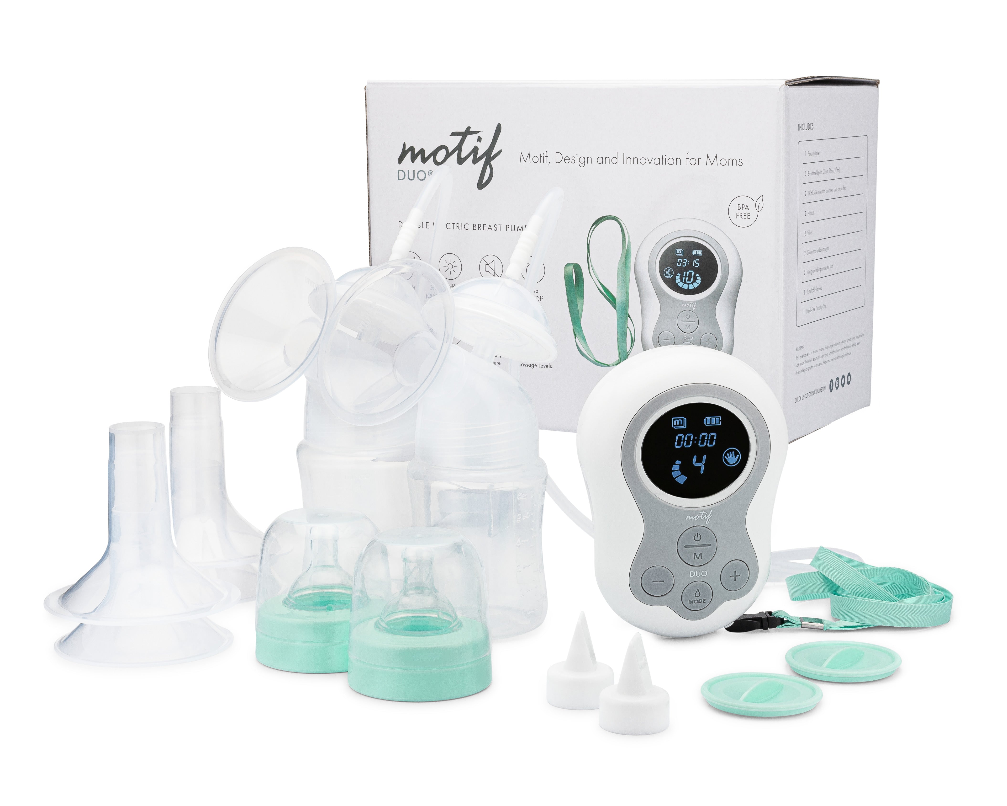 Motif Duo Double Electric Breast Pump all contents of the box placed in front of the box