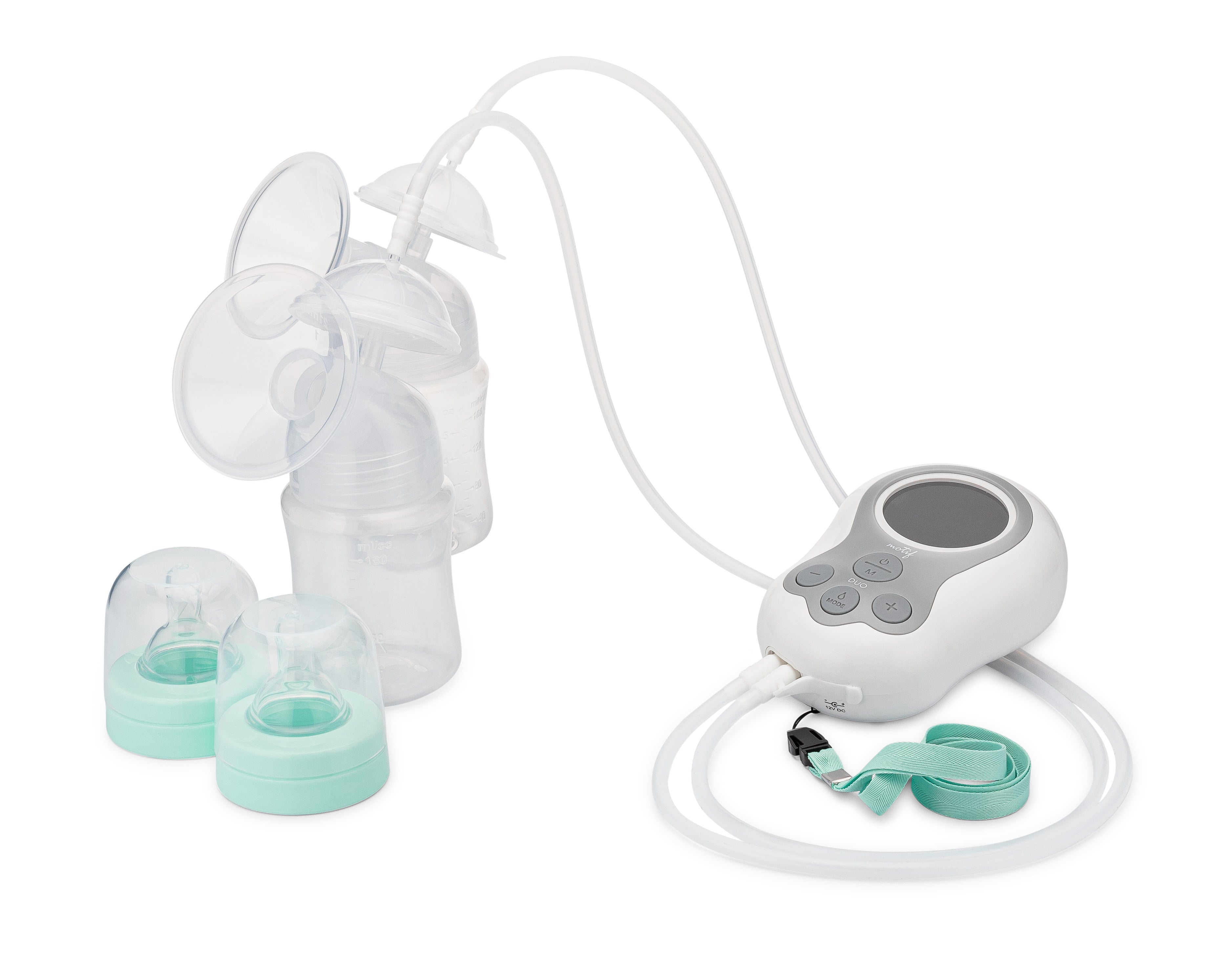 Motif Medical Duo Double Electric Breast Pump handheld unit with teal strap, two bottles and flanges and nipples, caps and rings