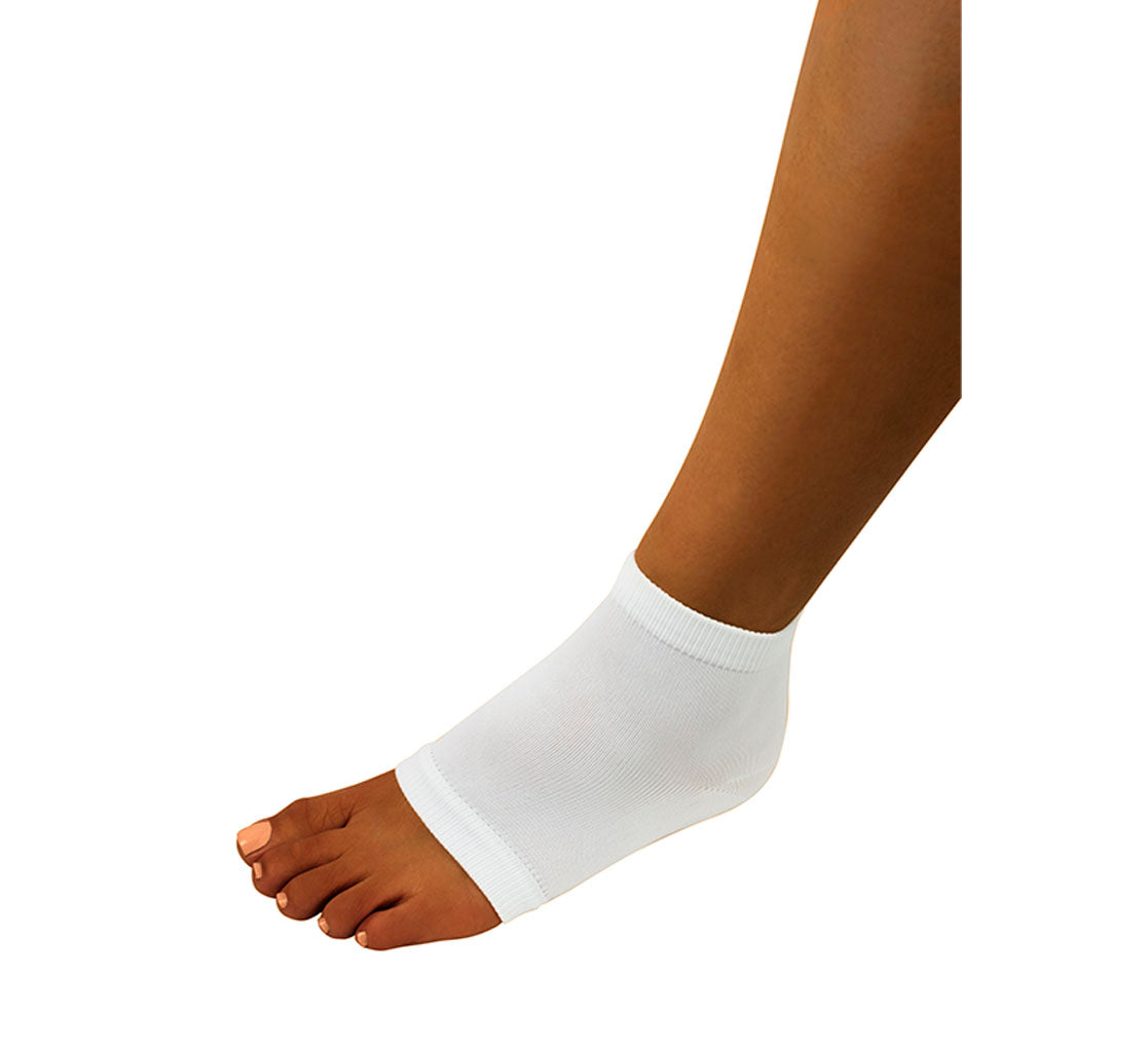 Soft Skin Sleeve Heel Gel in white on a foot