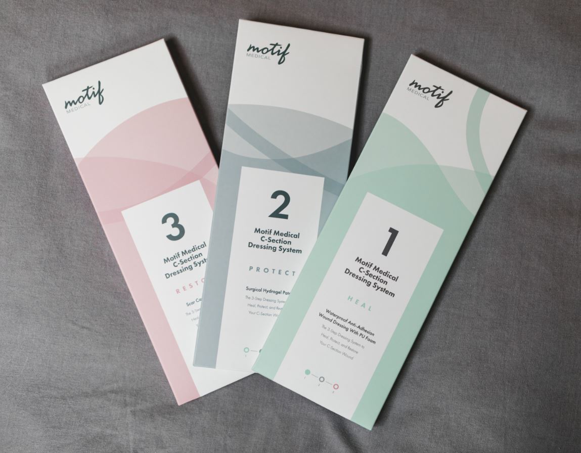Motif Medical C Section Bandage System Stages 1,2,3 shown on gray background