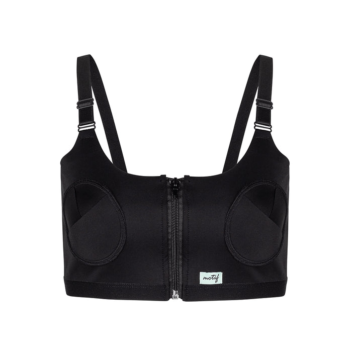 Hands-Free Pumpking Bra front view - black, zip front with adjustable shoulder straps