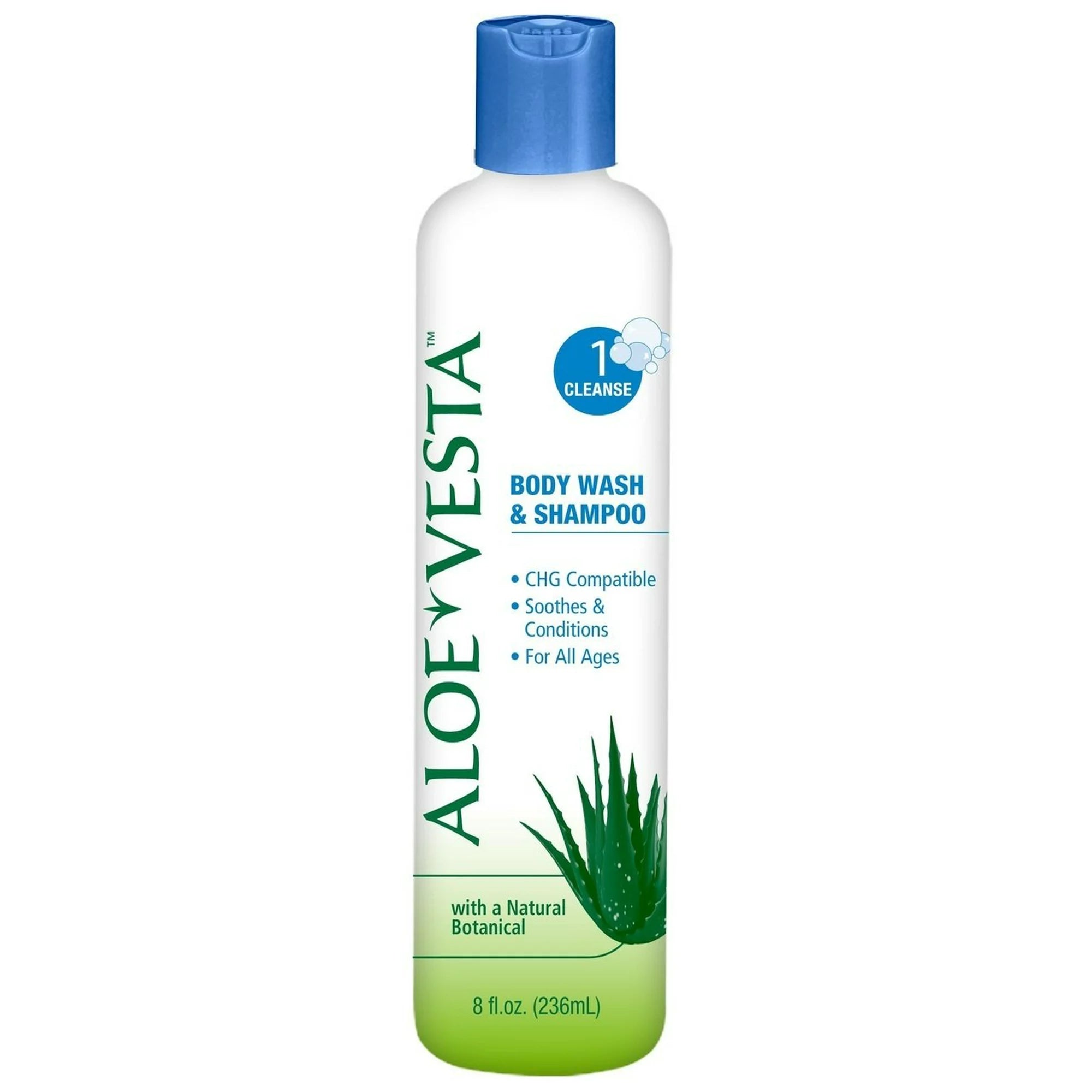 Aloe Vesta Body Wash & Shampoo white bottle with blue cap