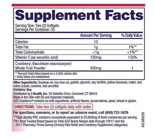 Azo Cranberry Caplets supplement facts label