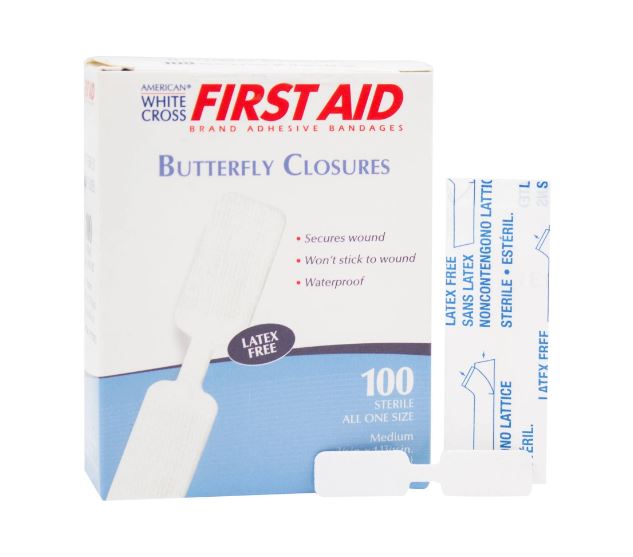 First Aid Butterfly Closure Bandages. Secures wound, won't stick to the wound and are waterproof
