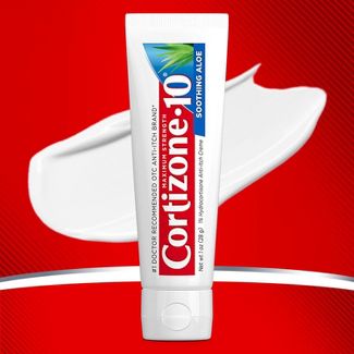 Cortizone-10 Anti-Itch Cream With Aloe red background with white 1oz tube in foreground