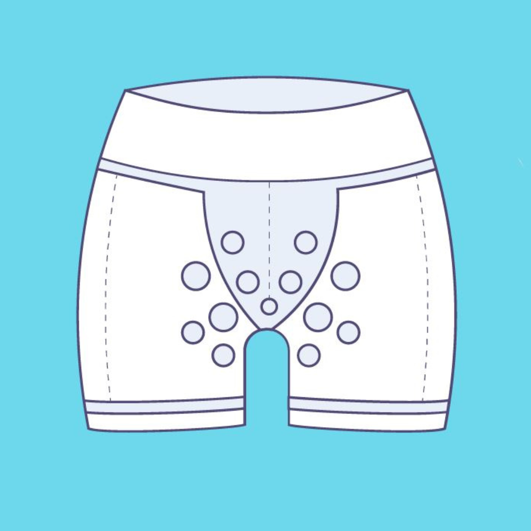 Illustration of HidraWear Boxer Briefs For Men showing the area where HidraWear Dressing is placed