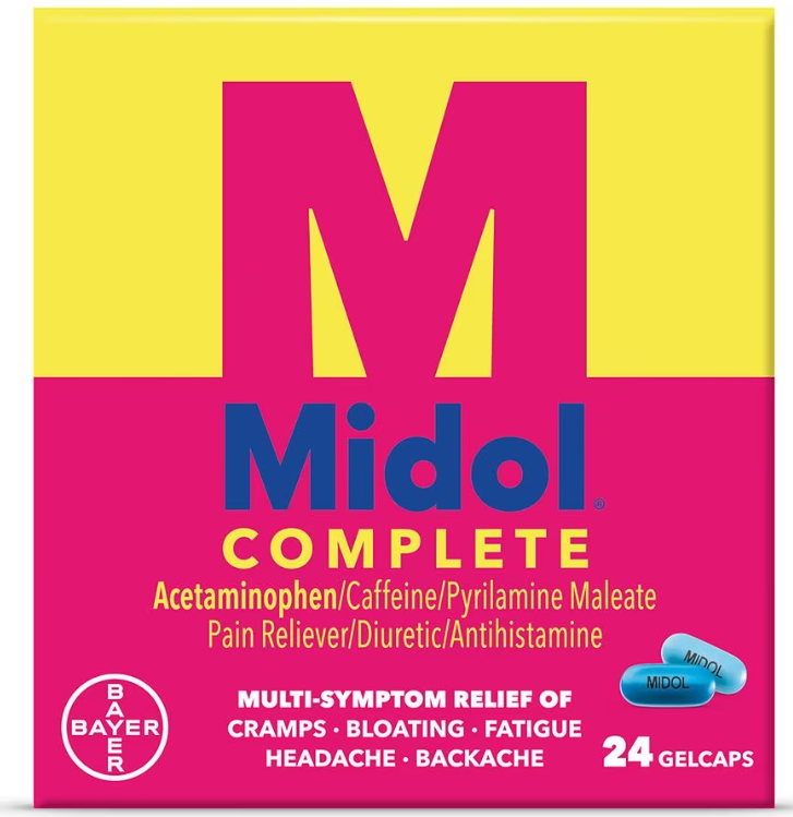 Midol Complete Acetaminphen Multi-Symptom relief of cramps, bloating, fatigue, headache, backache 24 gelcaps pink and  yellow box