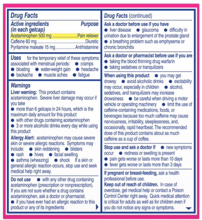 Midol Complete Menstrual Pain Relief Gelcaps Drug Facts label from back of box - active ingredients in each gelcap Acetaminophen 500mg (Pain Reliever), Caffeine 60mg (Diuretic), Pyrilamine maleate 15mg (Antihistamine)