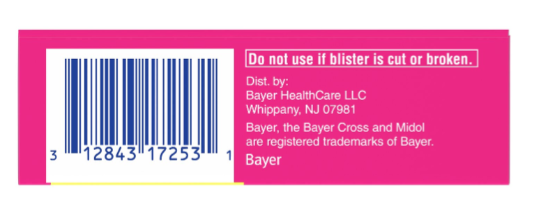 Midol Complete Menstrual Pain Relief Gelcaps bar code label - Do not use if blister is cut or broken. Dist. By Bayer HealthCare LLC Whippany, NJ 07981