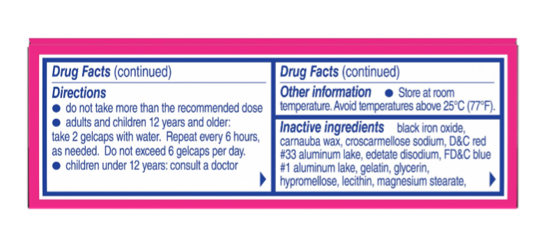 Midol Complete Menstrual Pain Relief Gelcaps drug facts label