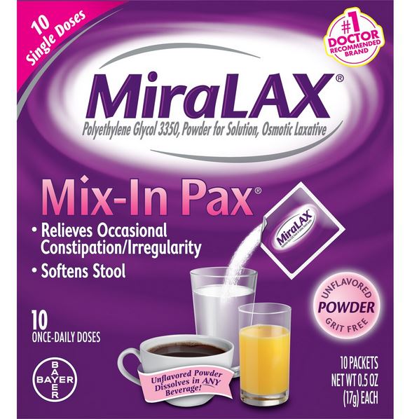 MiraLAX Mix-In Pax Laxative unflavored powder dissolves in any beverage