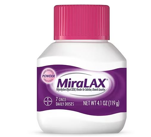MiraLAX Laxative Powder white bottle with pink cap