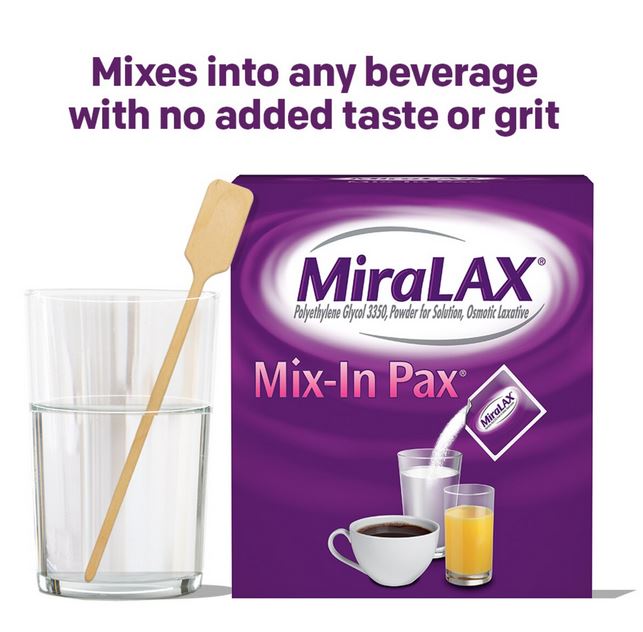 MiraLAX Mix-In Pax Laxative mixes into any beverage with no added taste or grit