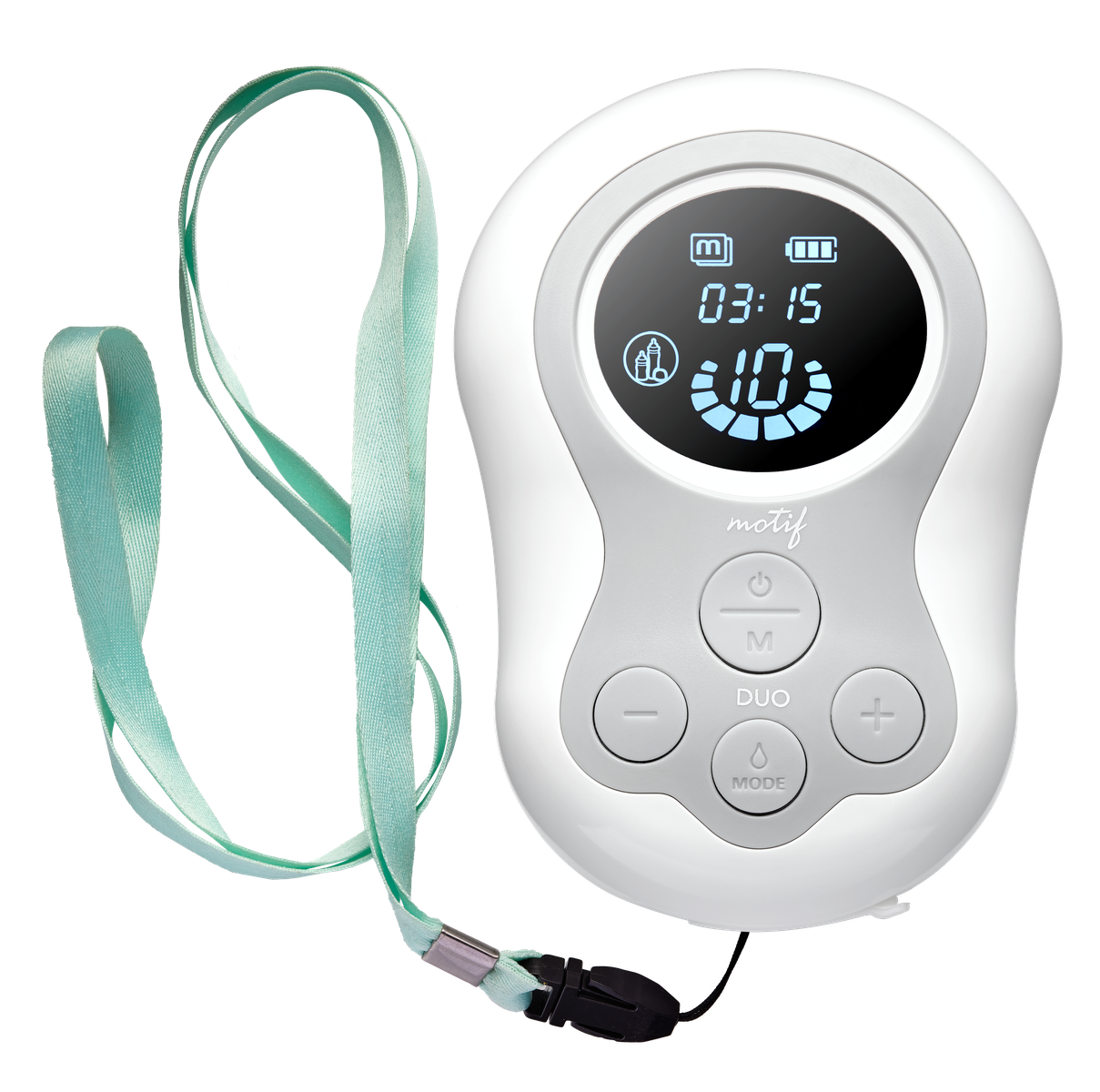 Motif Medical Duo Double Electric Breast Pump handheld unit close up showing digital display and mint green lanyard