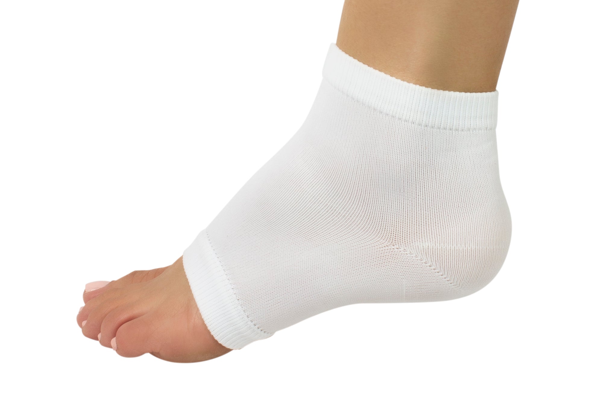 Soft Skin Sleeve Heel Gel side view in white on a foot
