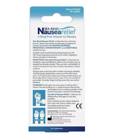 Sea-Band Nausea Relief back side of packaging depicting appropriate placement of bands on wrists for effective relief