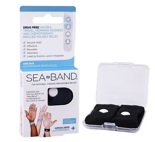 Sea-Band The Natural Choice For Nausea Relief. Outter packaging and plastic storage case.