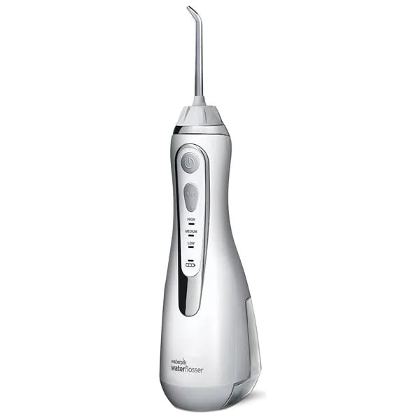 Waterpik Cordless Advanced Water Flosser shown in Pearly White with silver
