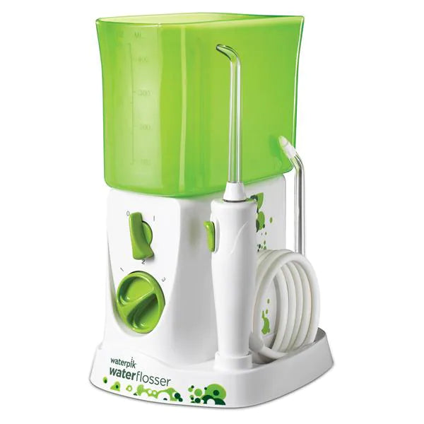 Waterpik Irrigation Kids Water Flosser white base unit with green top and green buttons and controls