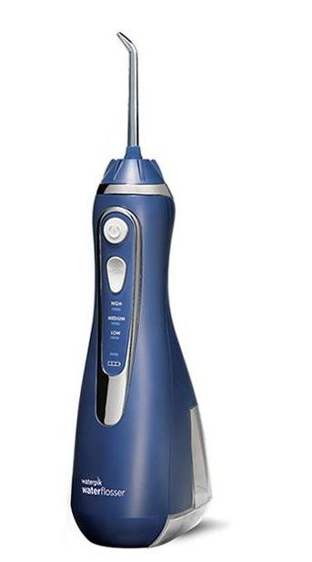 Waterpik Cordless Advanced Water Flosser shown in blue with silver and white button controls