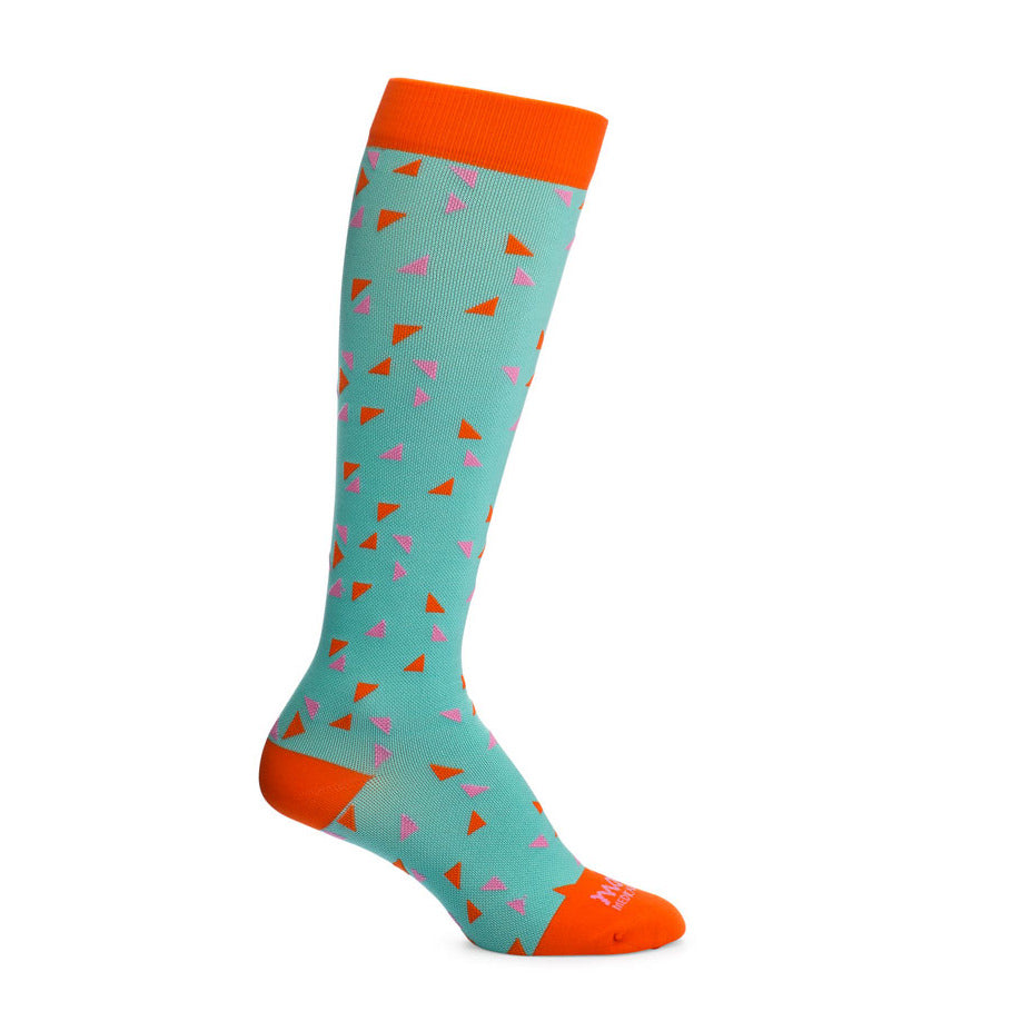 Mint green tall sock with pink and orange triangles-orange band,heel and toe caps - Motif Medical Gradient Maternity Compression Socks
