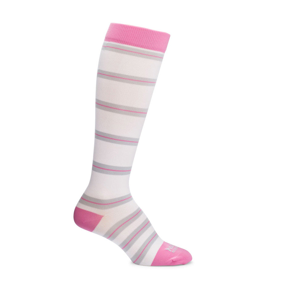 White pink grey striped tall sock with pink toe and heel caps-Motif Medical Gradient Maternity Compression Socks