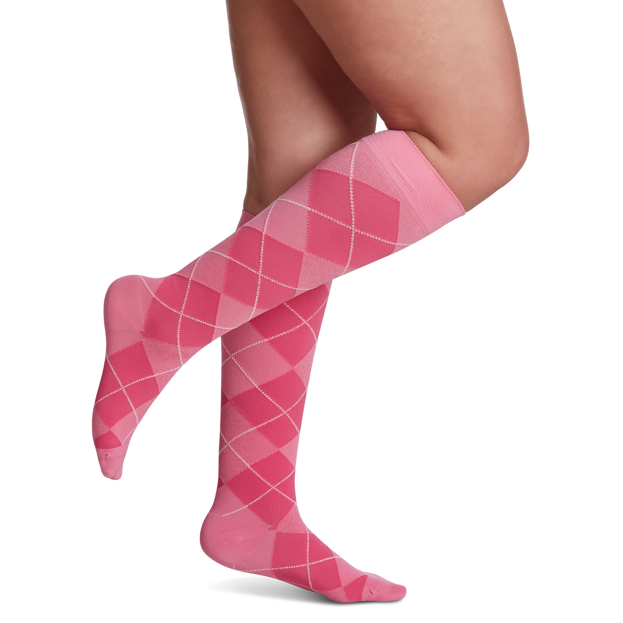 Pink and White Argyle Tall Compress Socks