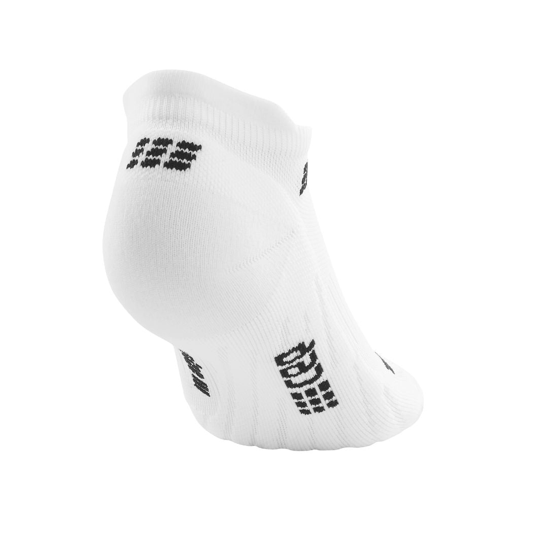 White with black logo CEP No Show Compression Socks viewed from the heel