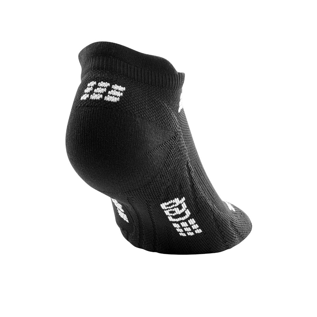 Black with white logo CEP No Show Compression Sock viewed from the back