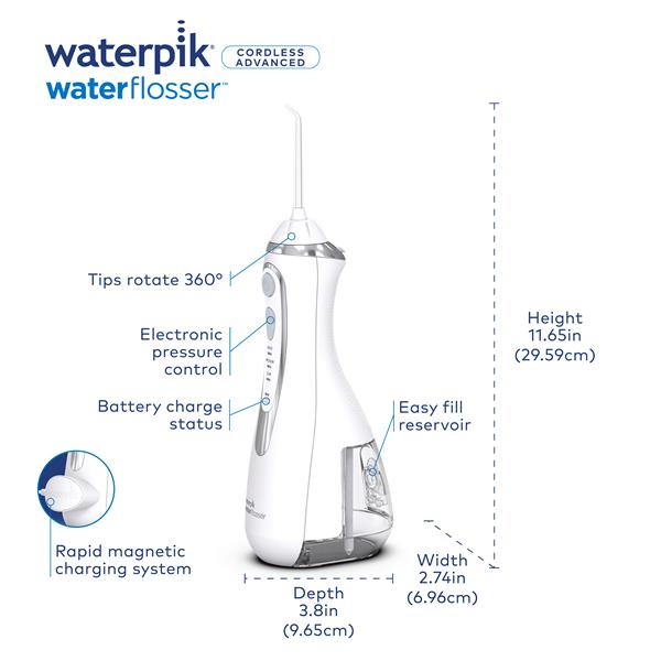 Waterpik Cordless Advanced Water Flosser - Tips rotate 360 degrees, electronic pressure control, battery charge status, easy fill reservoir, height 11.65in, width 2.74in, depth 3.8in