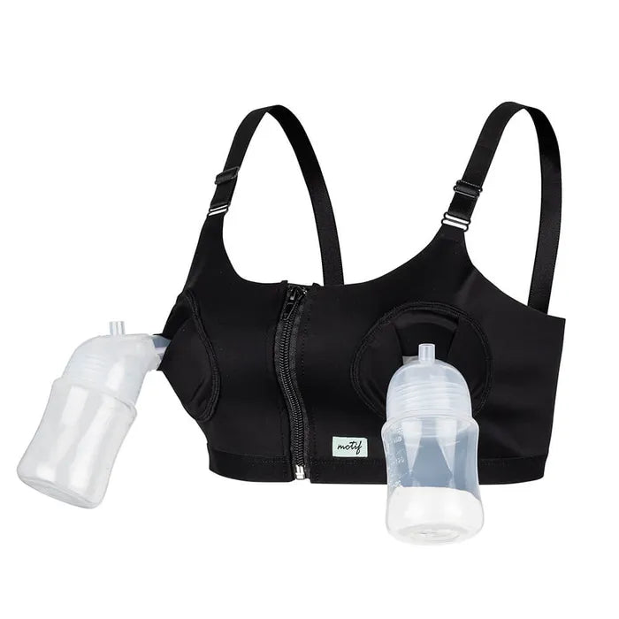 Hands-Free Pumping Bra front view - zippered front, adjustable straps showing how the flanges are positioned into the cups