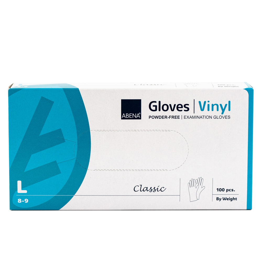 Blue and white box of 100 Large Abena Vinyl Powder Free Gloves