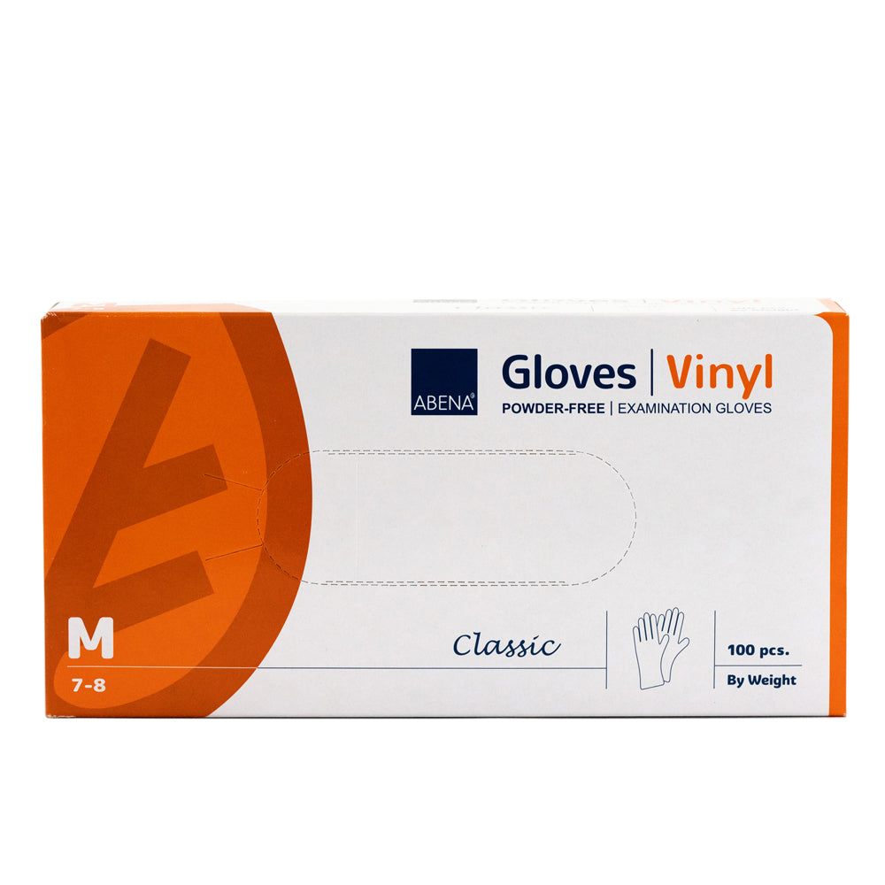Orange and white box of 100 Medium Abena Vinyl Powder Free Gloves