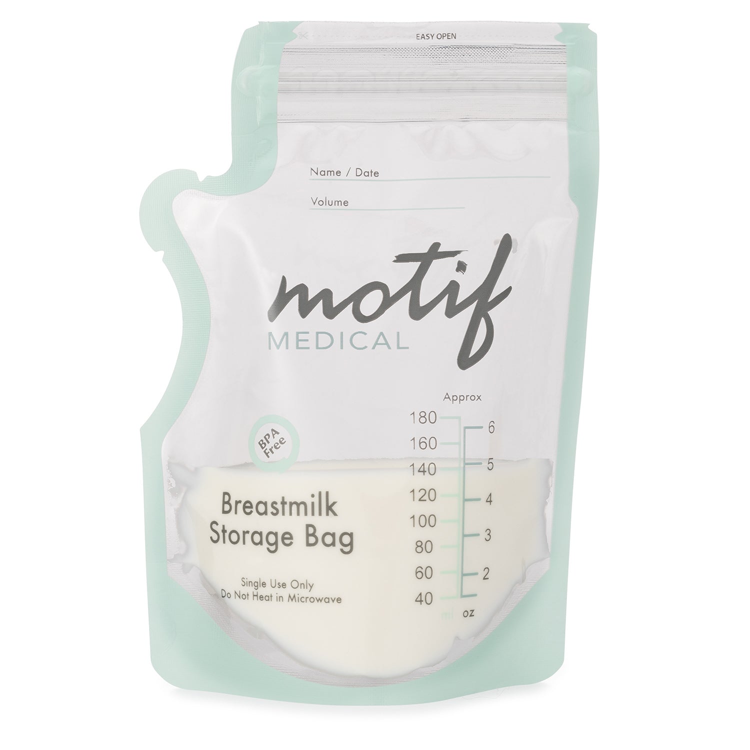 Motif Medical BPA Free Breastmilk Storage Bag. Place for Name/Date and Volume. Do Not Heat In Microwave. Single Use Only.