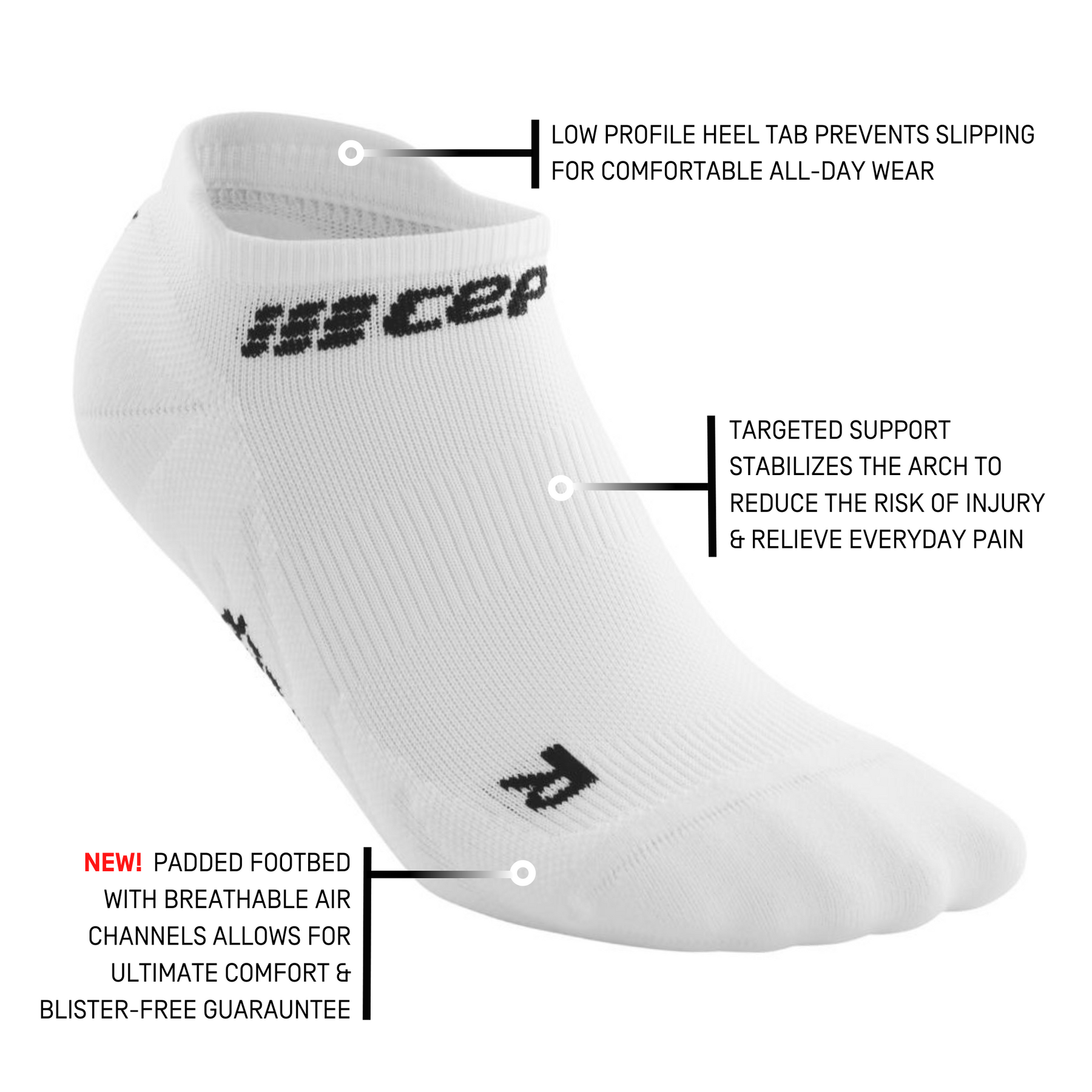 White with black logo CEP No Show Compression Socks - prevents slipping, stabilizes the arch, padded footbed for ultimate comfort